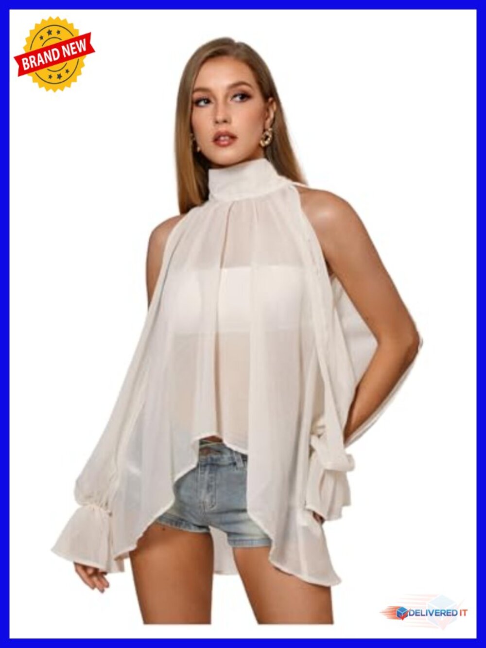 Sheer Chiffon Halter Blouse Mock Neck Tie Back Flowy Split Party Top